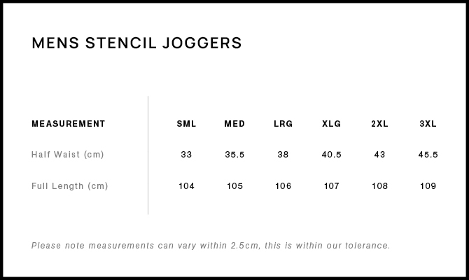 Mens Stencil Joggers size guide