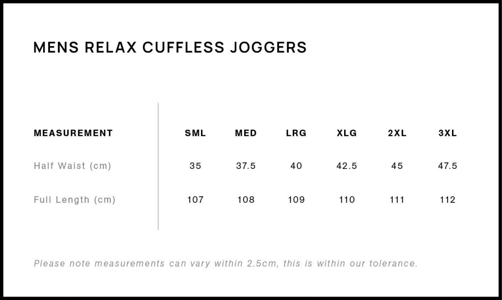 Mens relaxed cuffless jogger size guide
