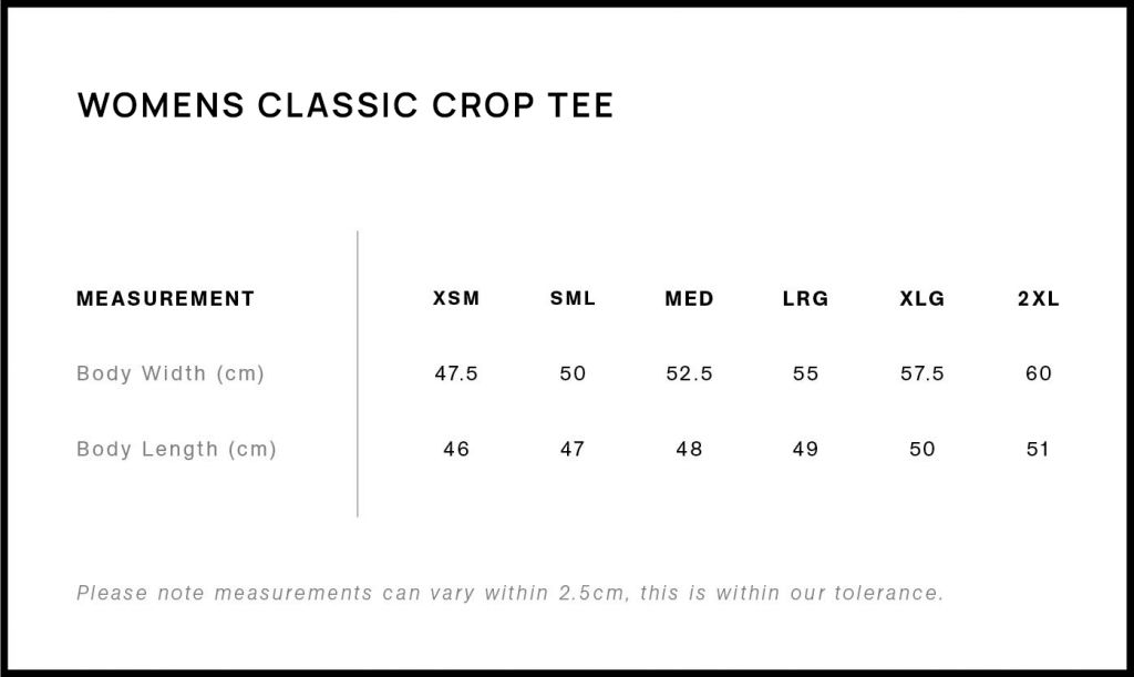 Womens classic crop tee size guide