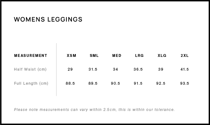 Womens leggings size guide